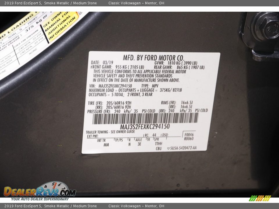 2019 Ford EcoSport S Smoke Metallic / Medium Stone Photo #21