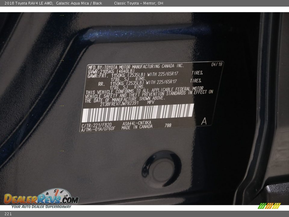 Toyota Color Code 221 Galactic Aqua Mica