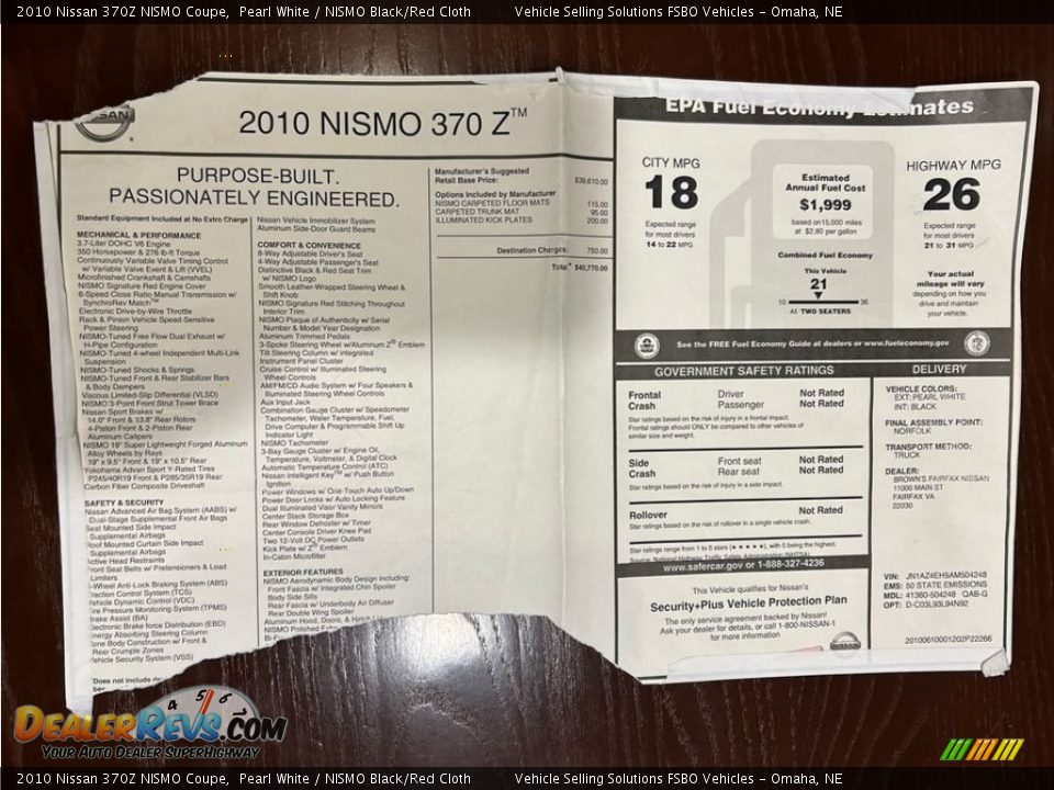 2010 Nissan 370Z NISMO Coupe Window Sticker Photo #22