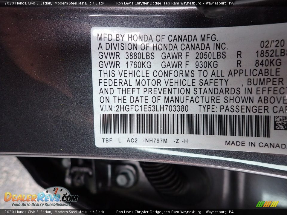 2020 Honda Civic Si Sedan Modern Steel Metallic / Black Photo #15