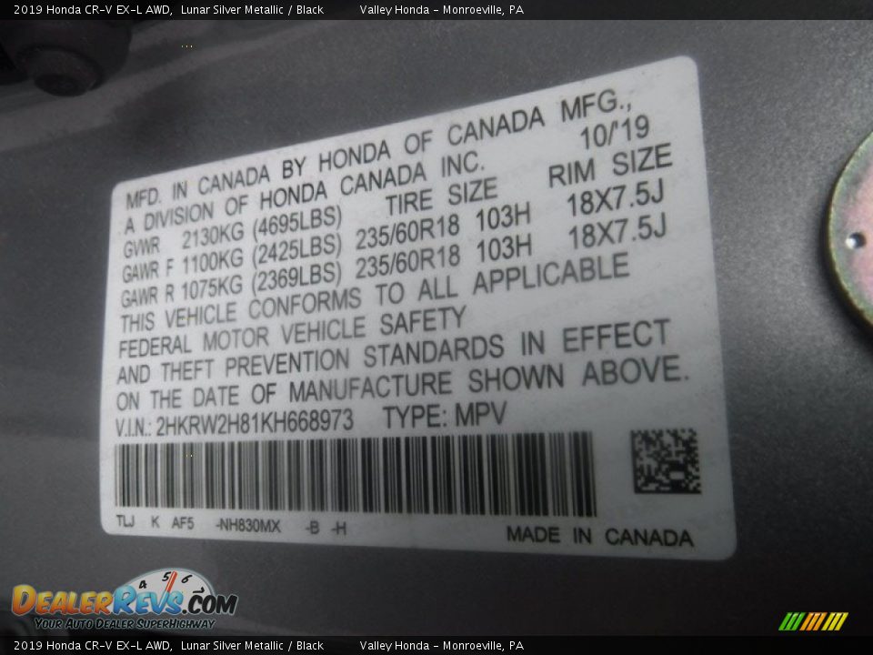 2019 Honda CR-V EX-L AWD Lunar Silver Metallic / Black Photo #33