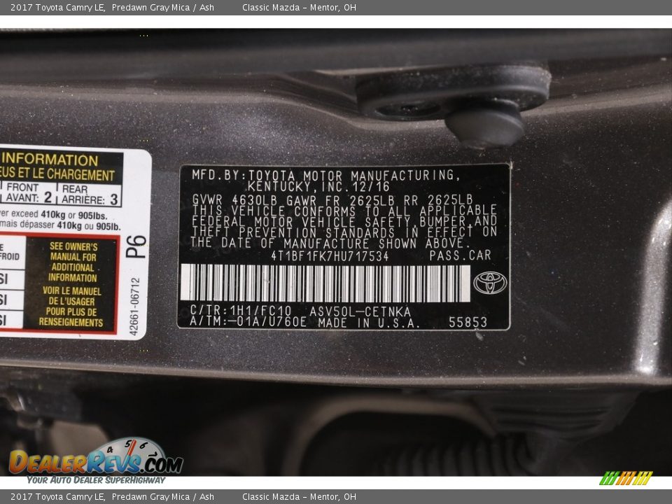2017 Toyota Camry LE Predawn Gray Mica / Ash Photo #21