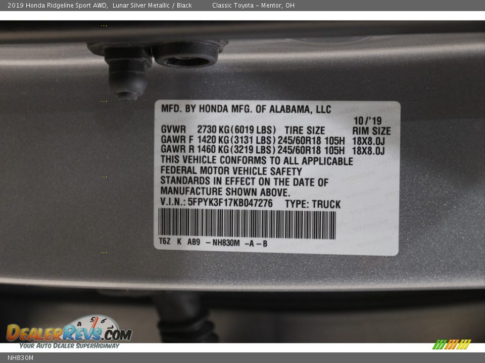 Honda Color Code NH830M Lunar Silver Metallic