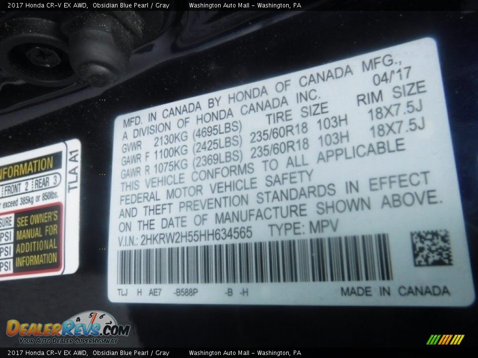 2017 Honda CR-V EX AWD Obsidian Blue Pearl / Gray Photo #34