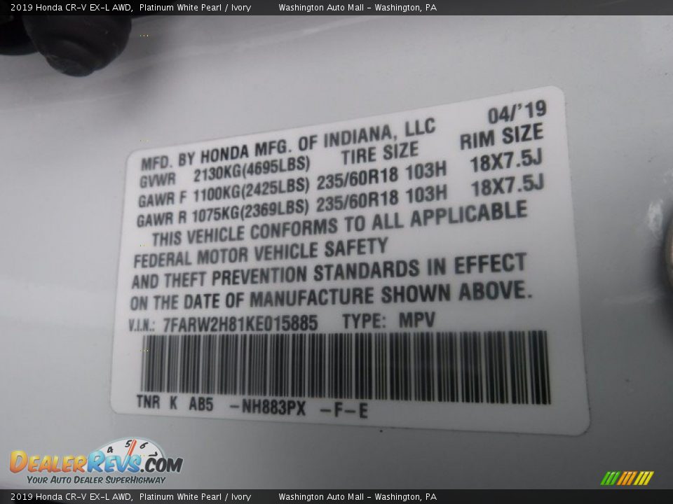 2019 Honda CR-V EX-L AWD Platinum White Pearl / Ivory Photo #33