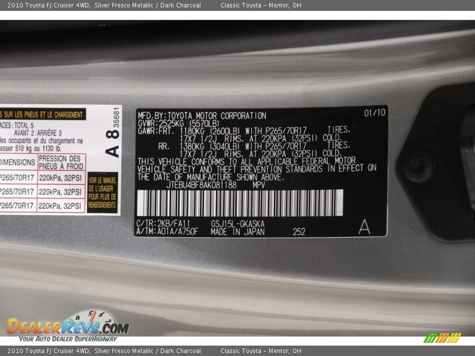 2010 Toyota FJ Cruiser 4WD Silver Fresco Metallic / Dark Charcoal Photo #21