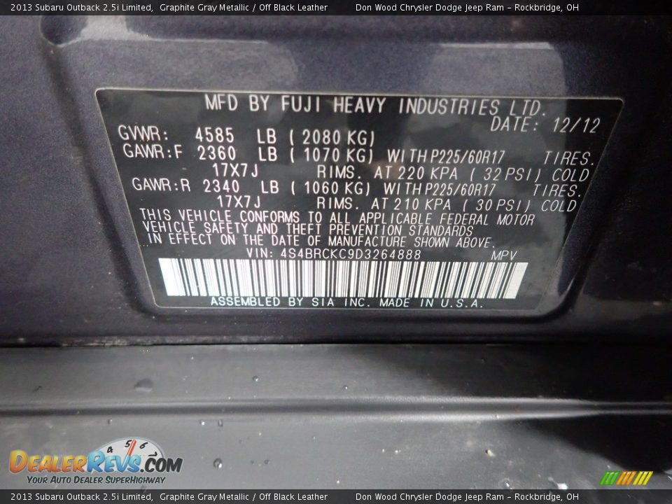 2013 Subaru Outback 2.5i Limited Graphite Gray Metallic / Off Black Leather Photo #34