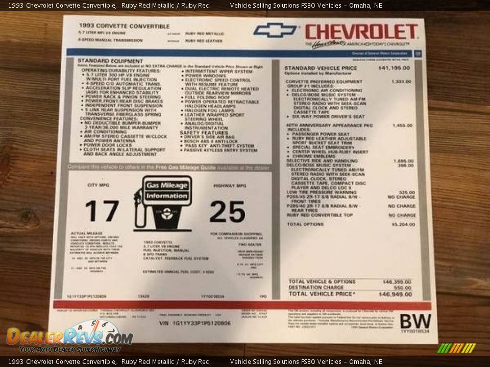 1993 Chevrolet Corvette Convertible Window Sticker Photo #9