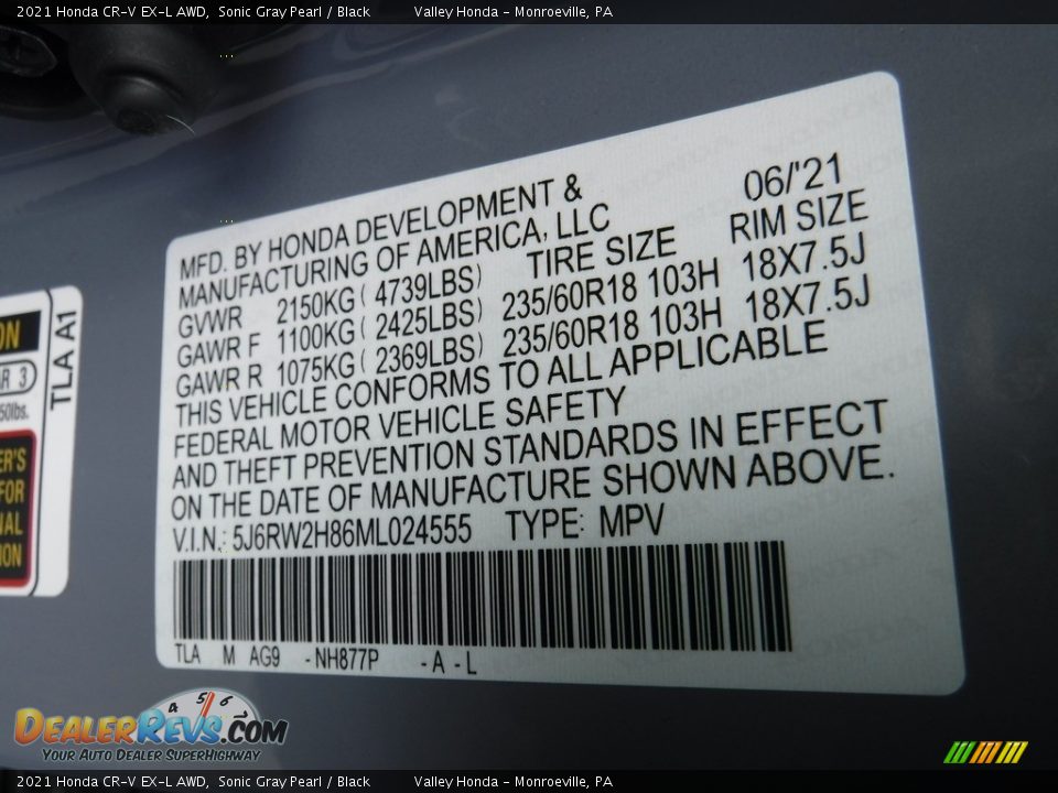 2021 Honda CR-V EX-L AWD Sonic Gray Pearl / Black Photo #34