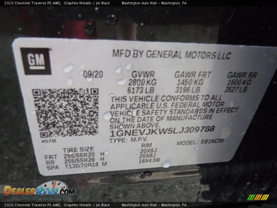 2020 Chevrolet Traverse RS AWD Graphite Metallic / Jet Black Photo #34