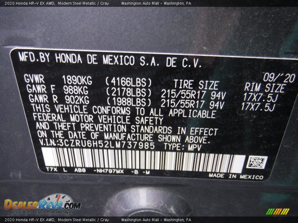 2020 Honda HR-V EX AWD Modern Steel Metallic / Gray Photo #29