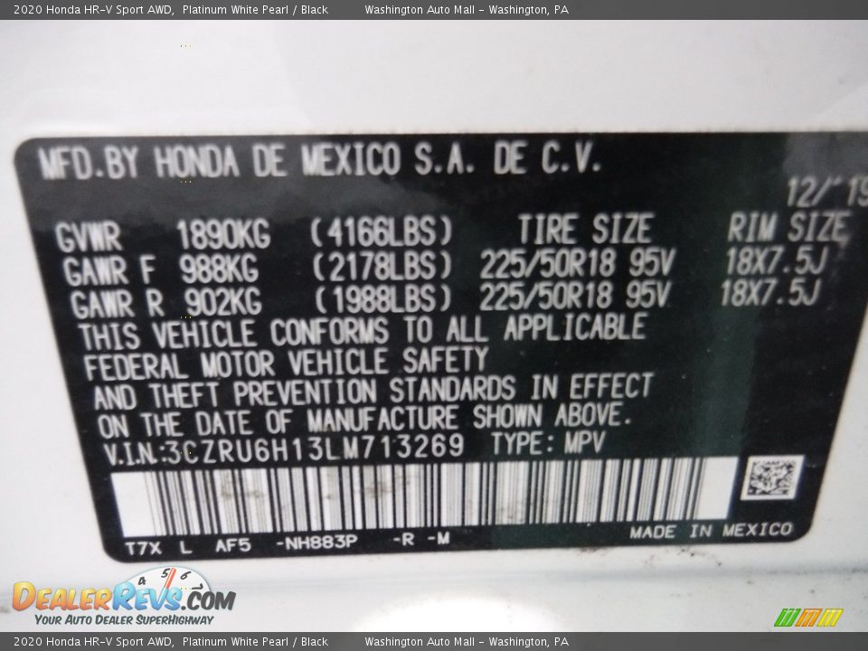 2020 Honda HR-V Sport AWD Platinum White Pearl / Black Photo #27