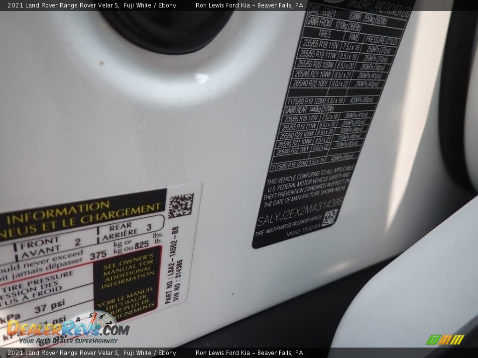 2021 Land Rover Range Rover Velar S Fuji White / Ebony Photo #20