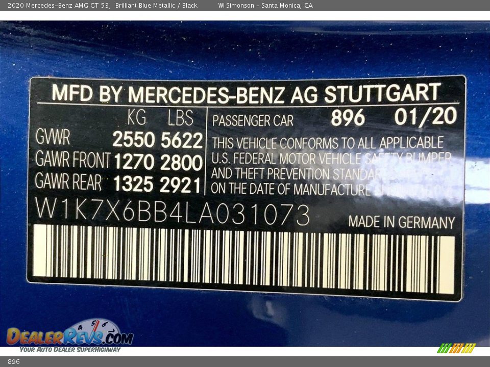 Mercedes-Benz Color Code 896 Brilliant Blue Metallic