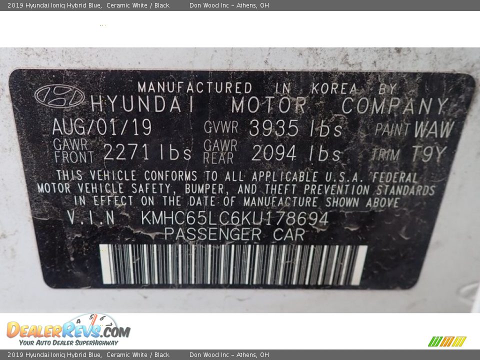2019 Hyundai Ioniq Hybrid Blue Ceramic White / Black Photo #2