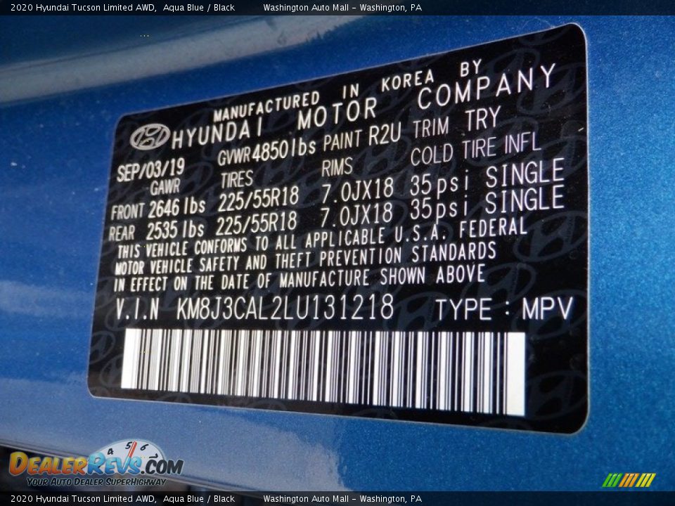 2020 Hyundai Tucson Limited AWD Aqua Blue / Black Photo #29