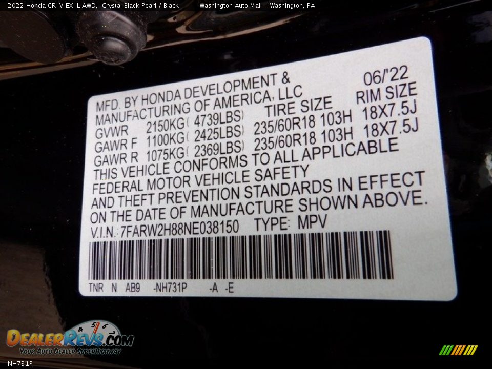 Honda Color Code NH731P Crystal Black Pearl