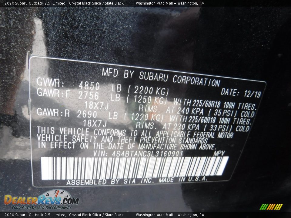 2020 Subaru Outback 2.5i Limited Crystal Black Silica / Slate Black Photo #31