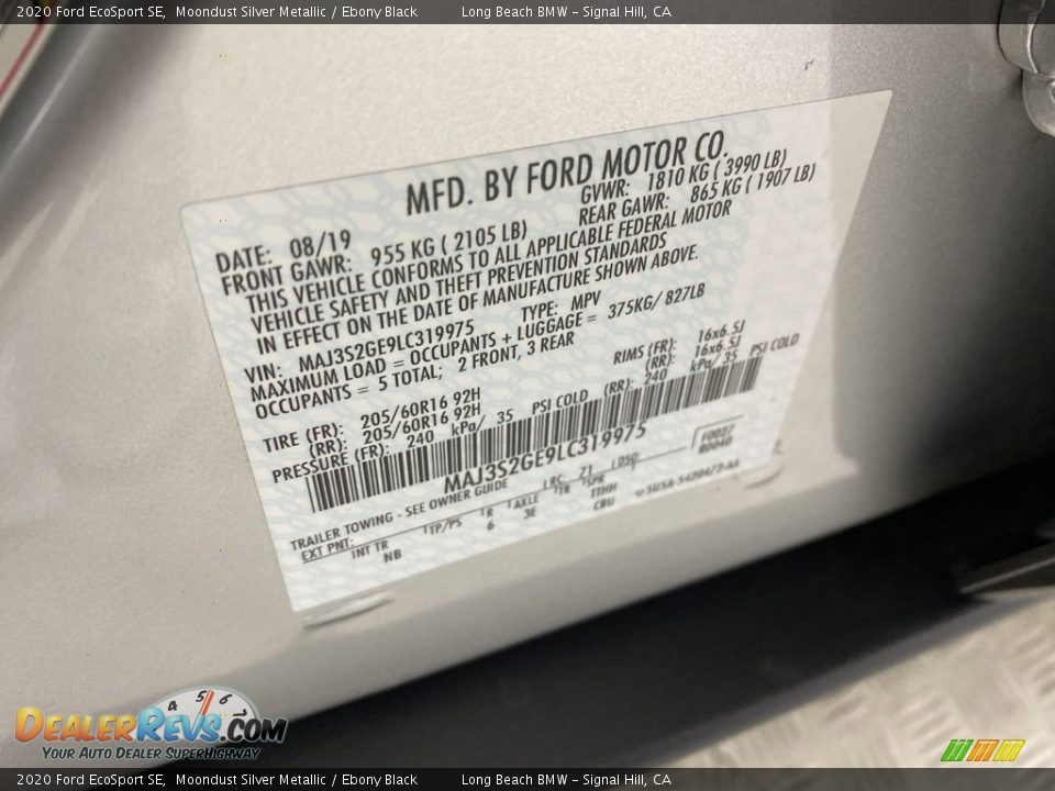2020 Ford EcoSport SE Moondust Silver Metallic / Ebony Black Photo #36