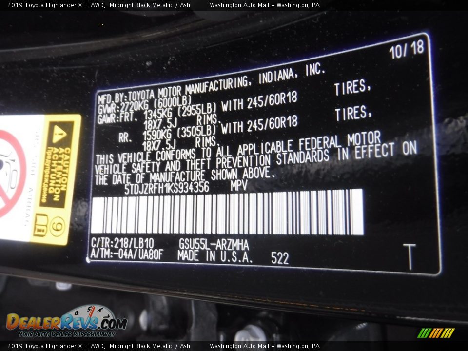 2019 Toyota Highlander XLE AWD Midnight Black Metallic / Ash Photo #35