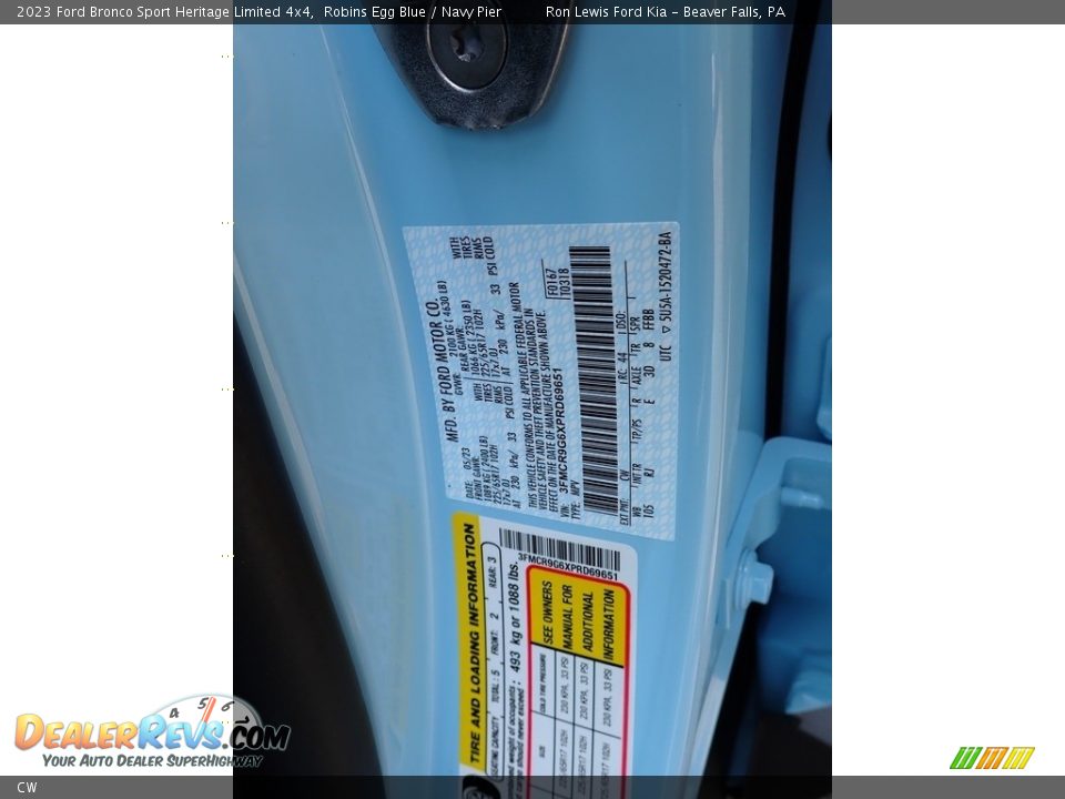 Ford Color Code CW Robins Egg Blue