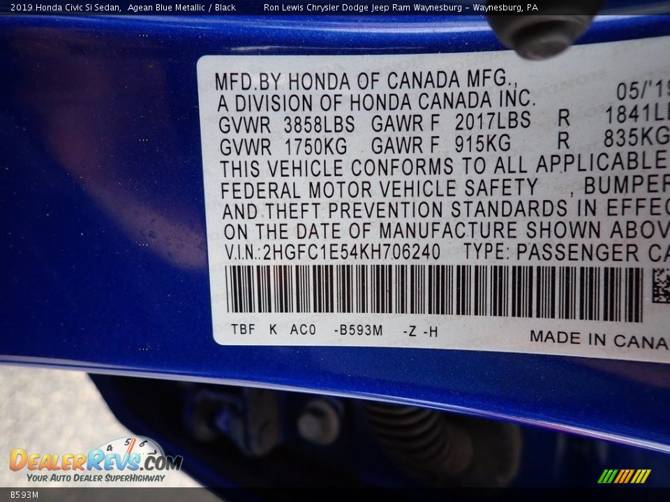 Honda Color Code B593M Agean Blue Metallic