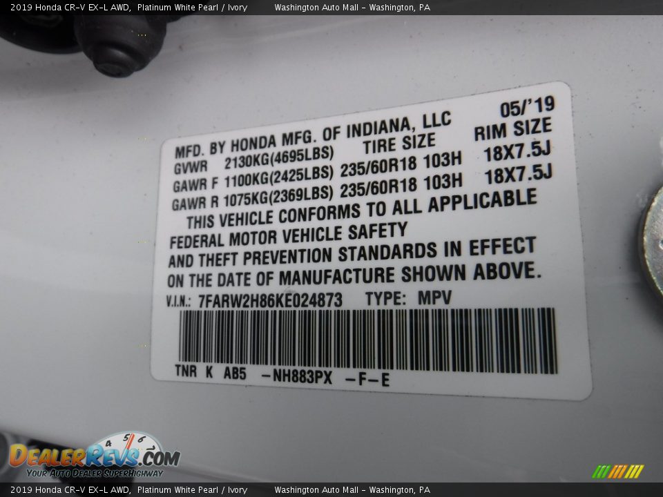 2019 Honda CR-V EX-L AWD Platinum White Pearl / Ivory Photo #36