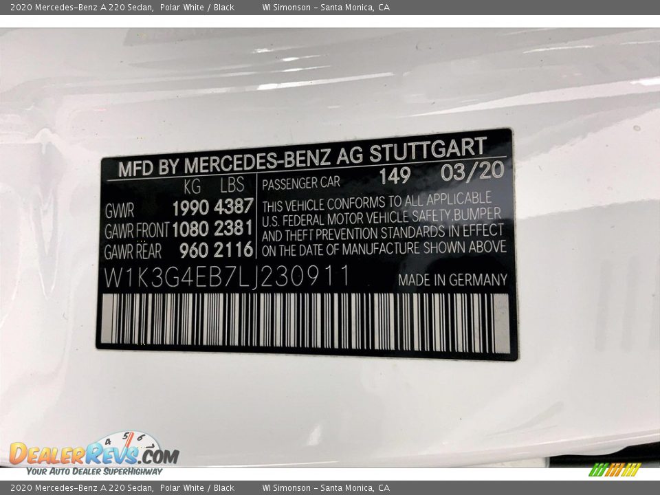 2020 Mercedes-Benz A 220 Sedan Polar White / Black Photo #32