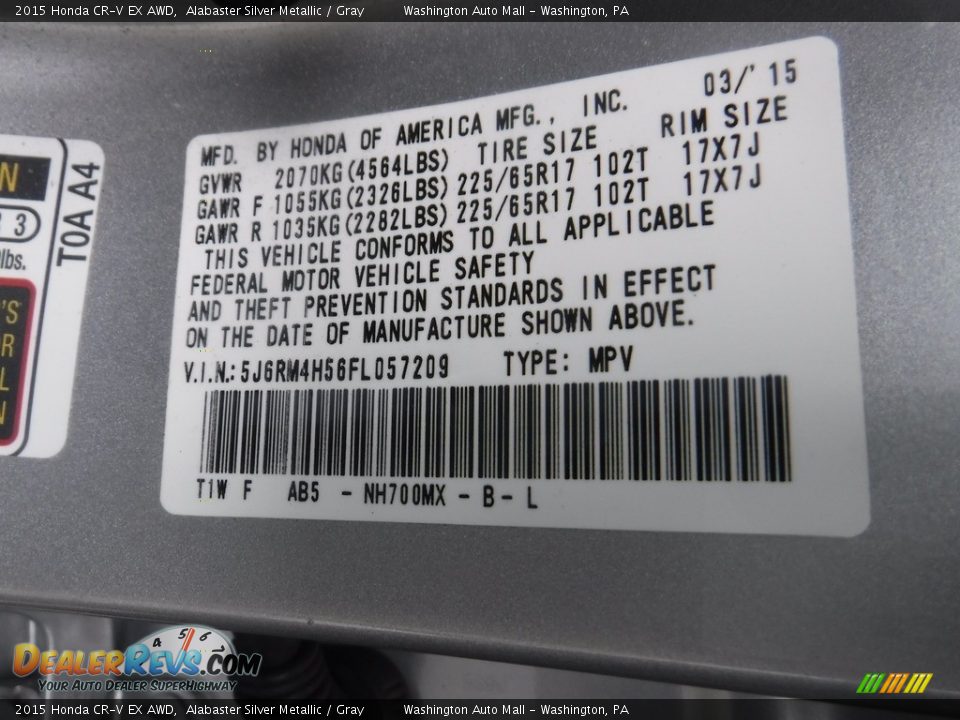 2015 Honda CR-V EX AWD Alabaster Silver Metallic / Gray Photo #31