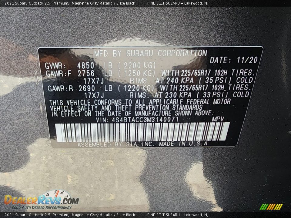 2021 Subaru Outback 2.5i Premium Magnetite Gray Metallic / Slate Black Photo #36