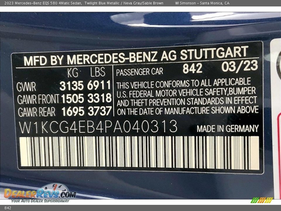 Mercedes-Benz Color Code 842 Twilight Blue Metallic