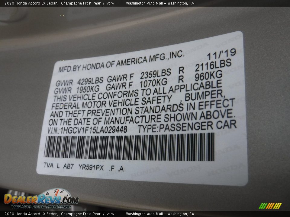 2020 Honda Accord LX Sedan Champagne Frost Pearl / Ivory Photo #31