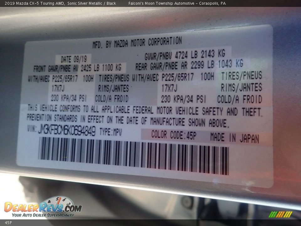 Mazda Color Code 45P Sonic Silver Metallic