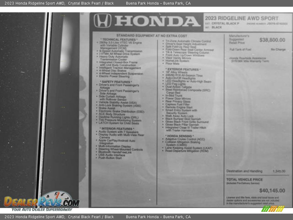 2023 Honda Ridgeline Sport AWD Window Sticker Photo #35