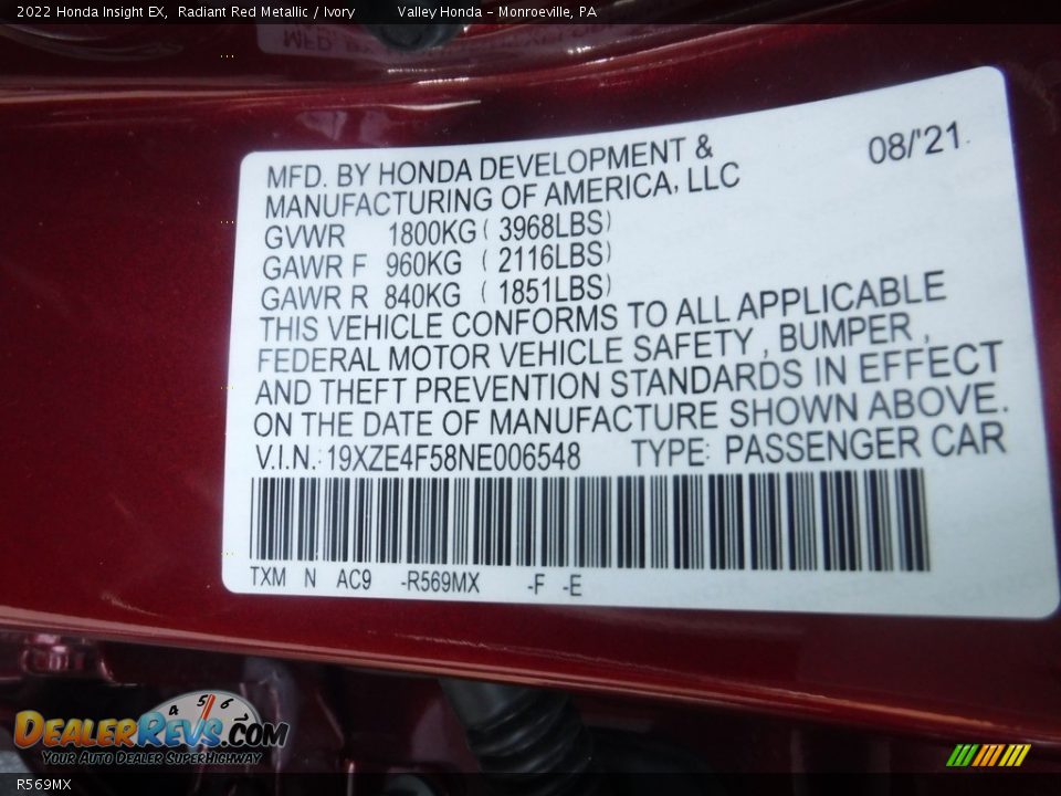 Honda Color Code R569MX Radiant Red Metallic