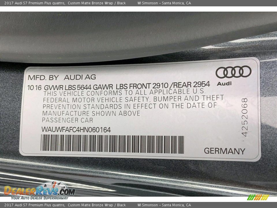 2017 Audi S7 Premium Plus quattro Custom Matte Bronze Wrap / Black Photo #33