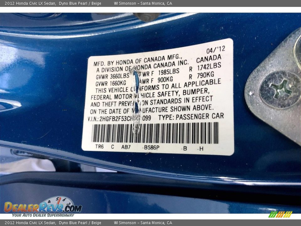 2012 Honda Civic LX Sedan Dyno Blue Pearl / Beige Photo #31