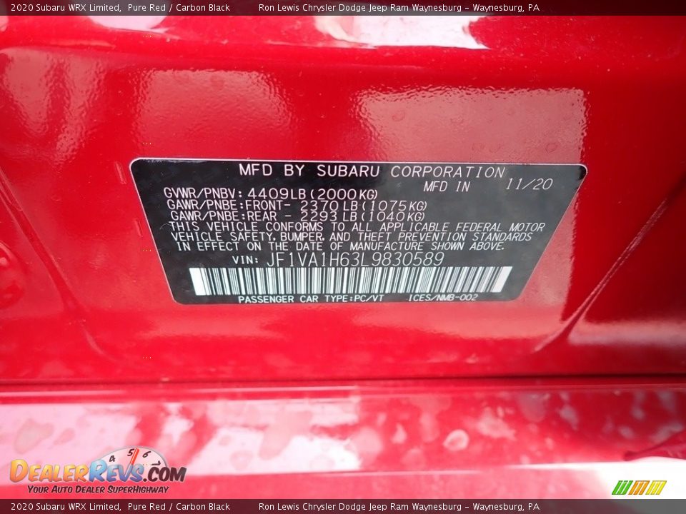 2020 Subaru WRX Limited Pure Red / Carbon Black Photo #15