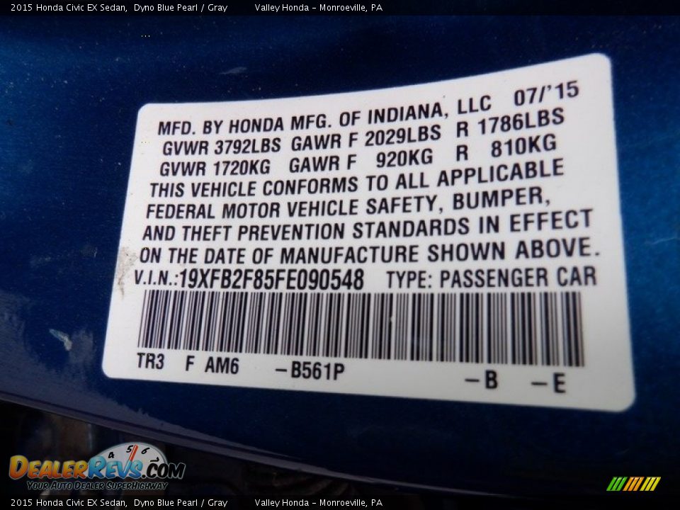 2015 Honda Civic EX Sedan Dyno Blue Pearl / Gray Photo #27