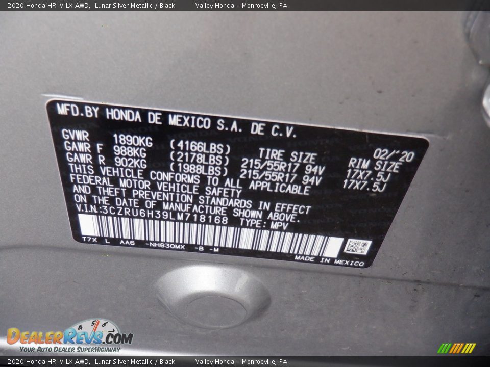 2020 Honda HR-V LX AWD Lunar Silver Metallic / Black Photo #25