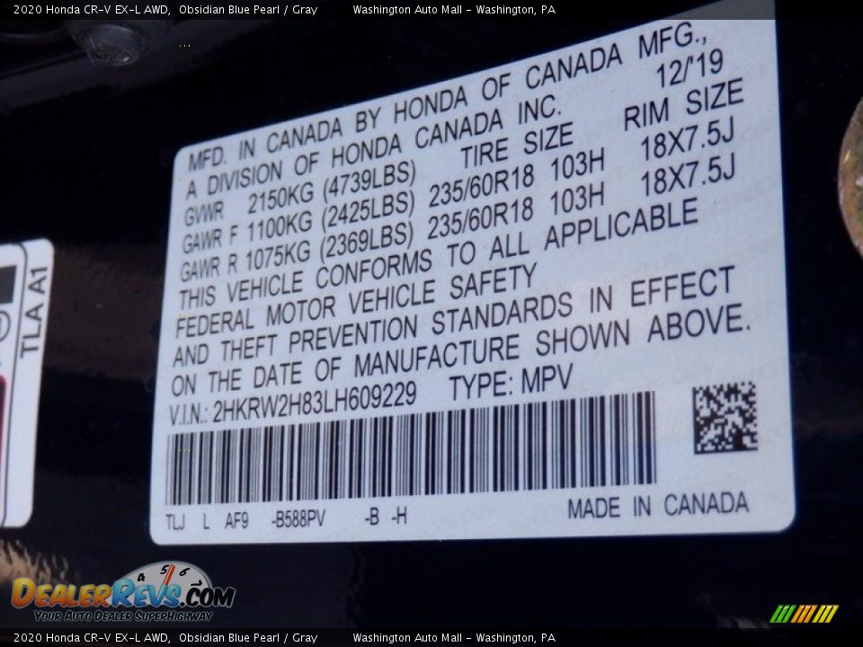 2020 Honda CR-V EX-L AWD Obsidian Blue Pearl / Gray Photo #32