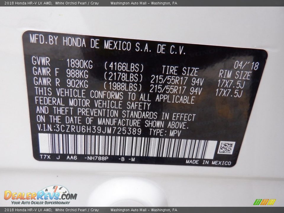 2018 Honda HR-V LX AWD White Orchid Pearl / Gray Photo #31
