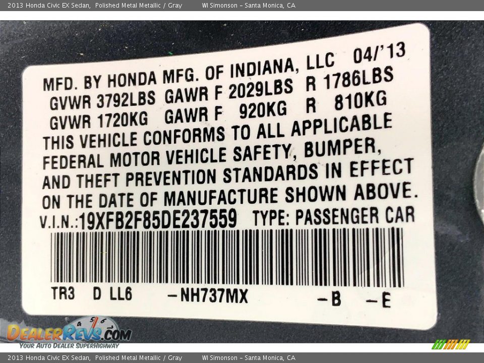 2013 Honda Civic EX Sedan Polished Metal Metallic / Gray Photo #33
