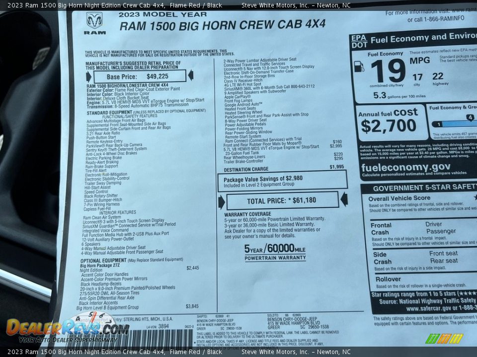 2023 Ram 1500 Big Horn Night Edition Crew Cab 4x4 Window Sticker Photo #30