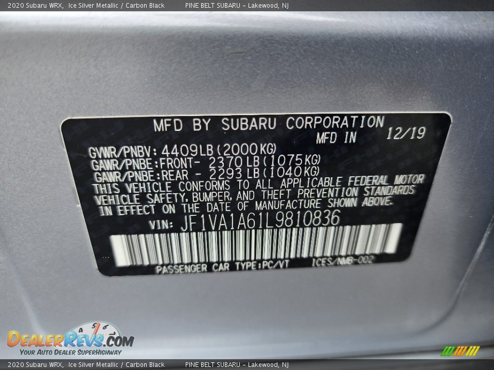 2020 Subaru WRX Ice Silver Metallic / Carbon Black Photo #35