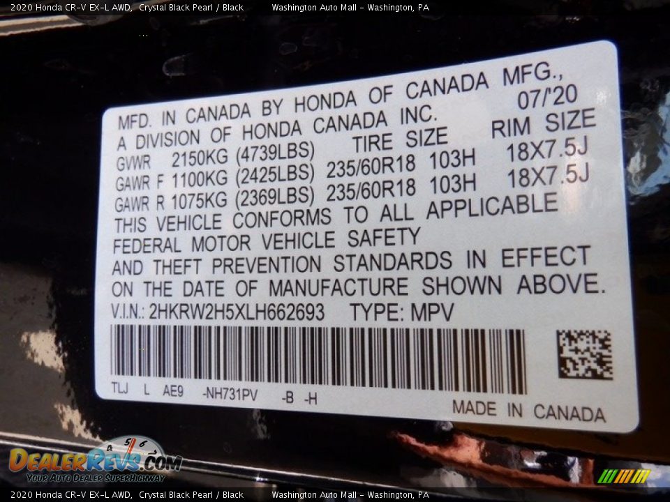 2020 Honda CR-V EX-L AWD Crystal Black Pearl / Black Photo #35