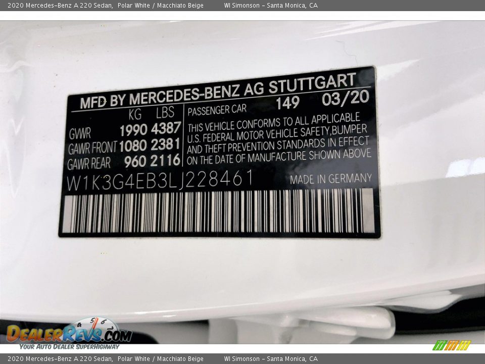 2020 Mercedes-Benz A 220 Sedan Polar White / Macchiato Beige Photo #33