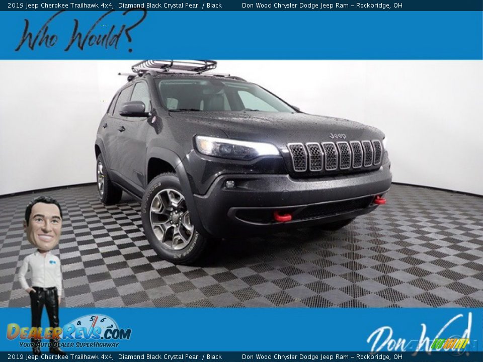 2019 Jeep Cherokee Trailhawk 4x4 Diamond Black Crystal Pearl / Black Photo #1