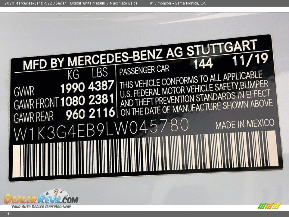 Mercedes-Benz Color Code 144 Digital White Metallic
