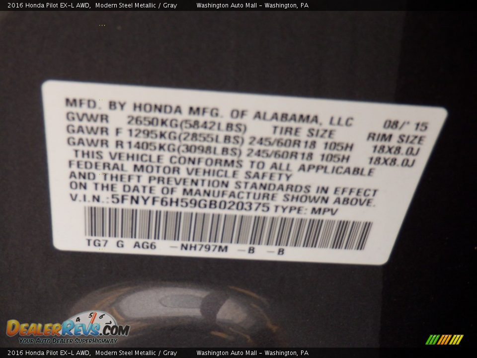 2016 Honda Pilot EX-L AWD Modern Steel Metallic / Gray Photo #32